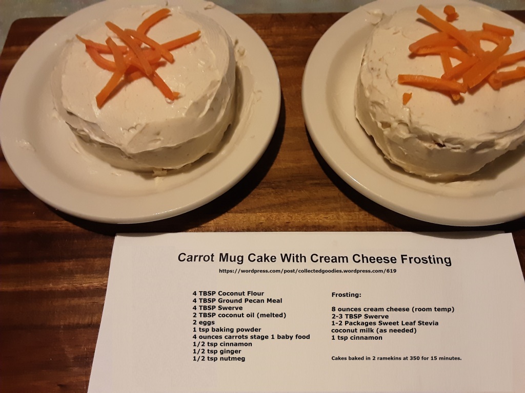 Photo of two frosted carrot cakes, ramekin sized, with a copy of the basic recipe ingredients and a link to this recipe. 
